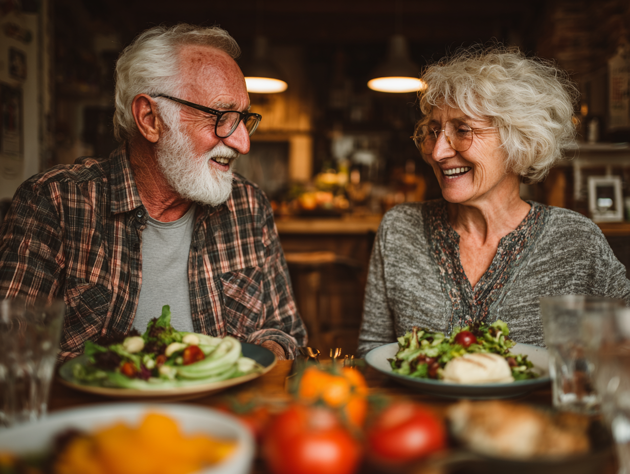 Друзі обідають разом здоровою їжею